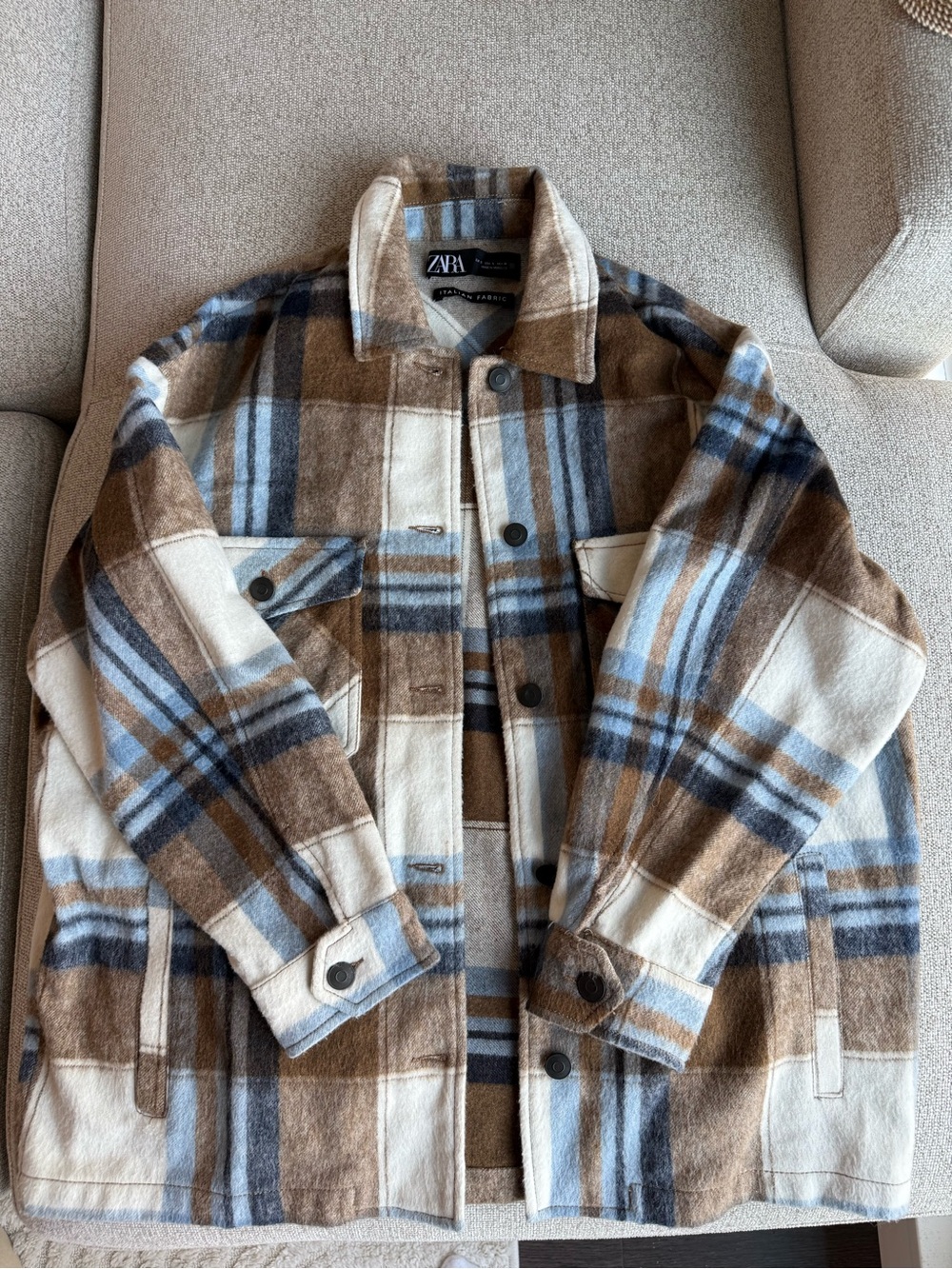 Zara Brown, Cream & Blue Plaid Lightweight Shacket